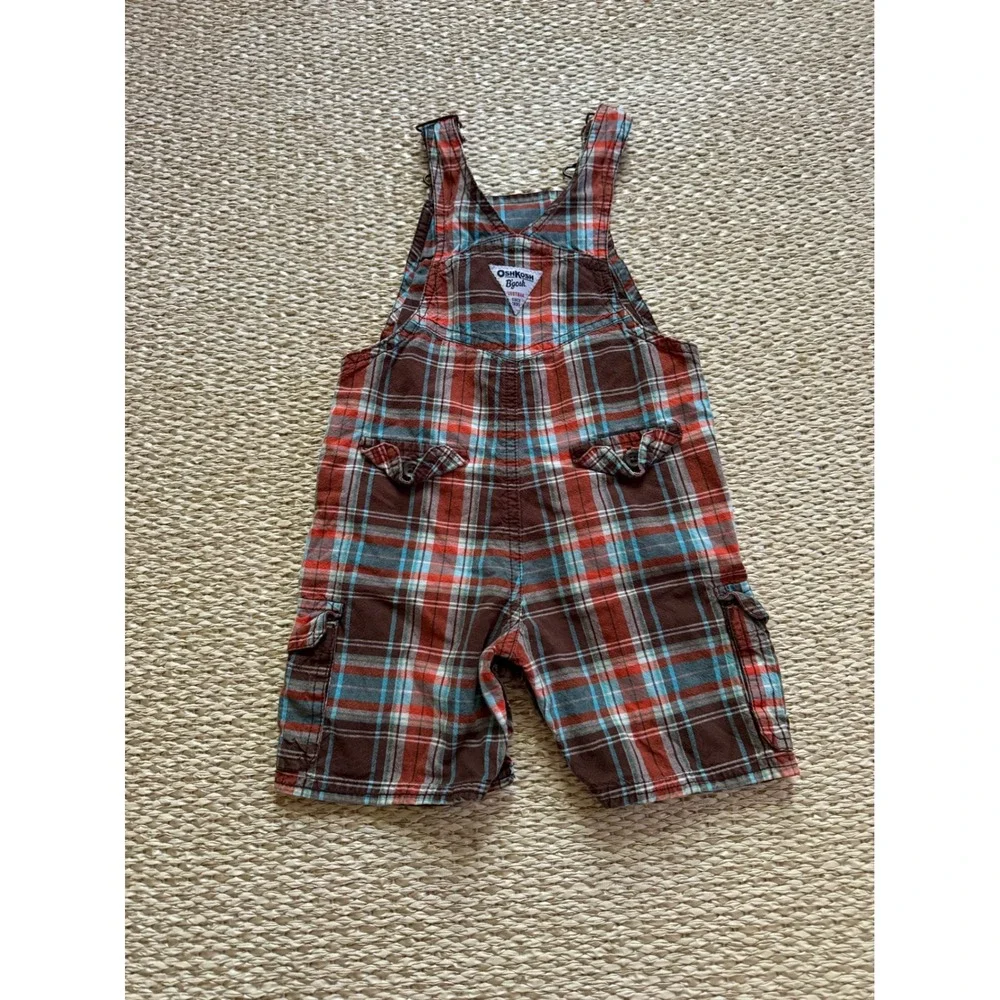 OshKosh Bgosh Plaid Cargo Shortall Overalls Brown Red Blue‎ 24 Months